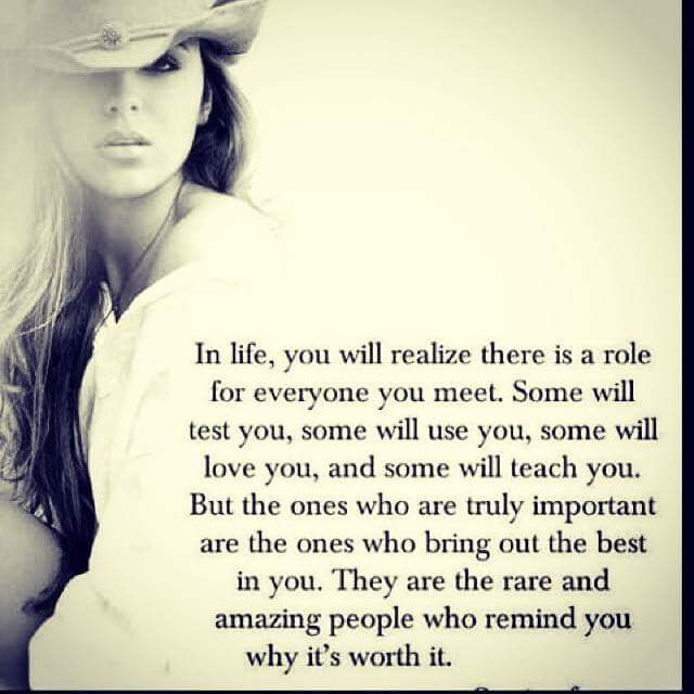 In life, you will realize there is a role for everyone you meet. Some will test you, some will use you, some will love you, some will teach you. But the ones who are truly important are the ones who bring out the best in you. They are the rare and amazing people who remind you why it's worth it.